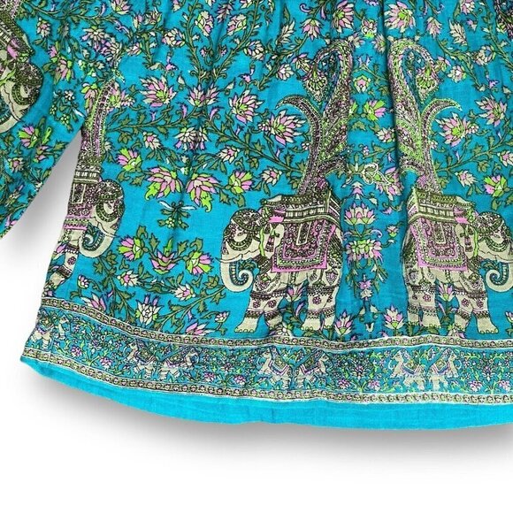 PEEK Girls Peasant Top Sz Large 8 Teal Blue Pink Boho Paisley Floral Elephant - Picture 5 of 7